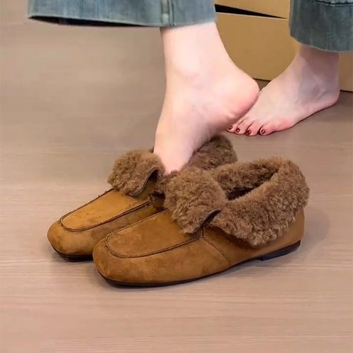 乐福鞋女2025冬季新款翻毛加绒