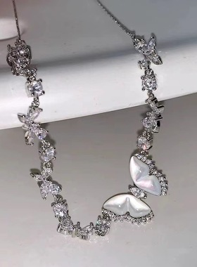 简约choker小众设计镶钻蝴蝶贝母石简约气质高级感轻奢耳钉毛衣链