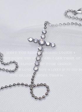 Lost General气质女简约圆珠十字架镶钻项链十字坠式毛衣项链