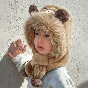 儿童帽子男孩围巾一体冬季男童女童毛绒帽宝宝护耳帽防风防寒保暖