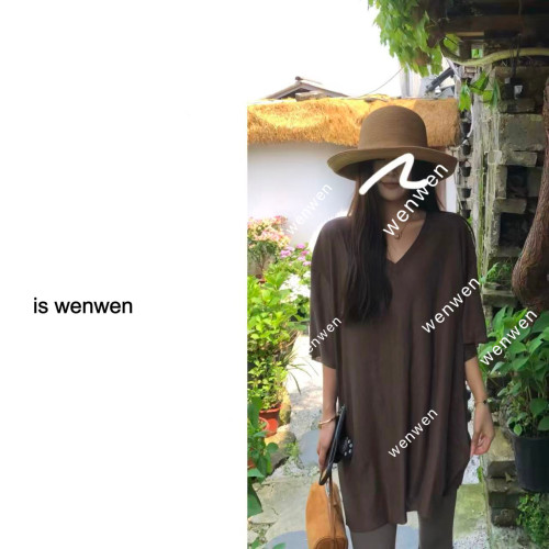WEN夏季新款V领宽松慵懒T恤