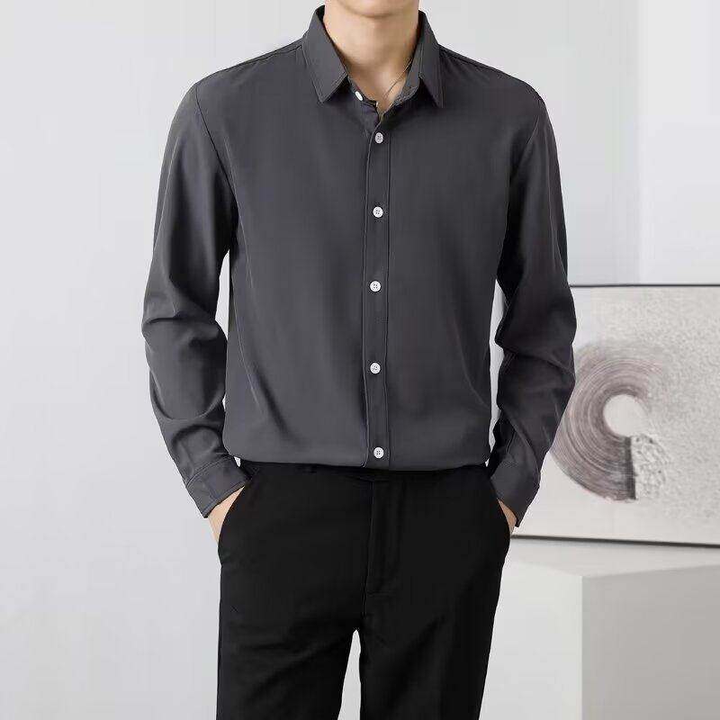职业装男士冰丝垂感高级感宽松休闲黑色商务衬衣男纯色抗皱寸衫潮,男装,衬衫,淘宝优惠券,粉丝福利购,淘宝优惠卷