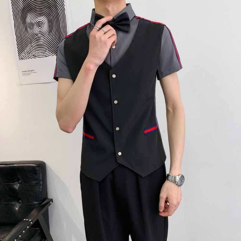 夜场KTV酒吧少爷男服务员工作服短袖假两件马甲发型师条纹衬衫潮,男装,衬衫,淘宝优惠券,粉丝福利购,淘宝优惠卷