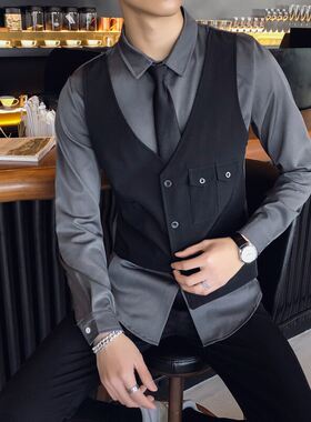 定制logo假两件长袖衬衫时尚理发店发型师工作服夜店酒吧员工制服