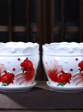 花盆陶瓷特价清仓大号特大号带托盘创意白色绿萝欧式室内简约风格