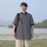 夏季日系条纹polo衫短袖T恤501-2-T1004-P50控68，男装T恤，星座501-2