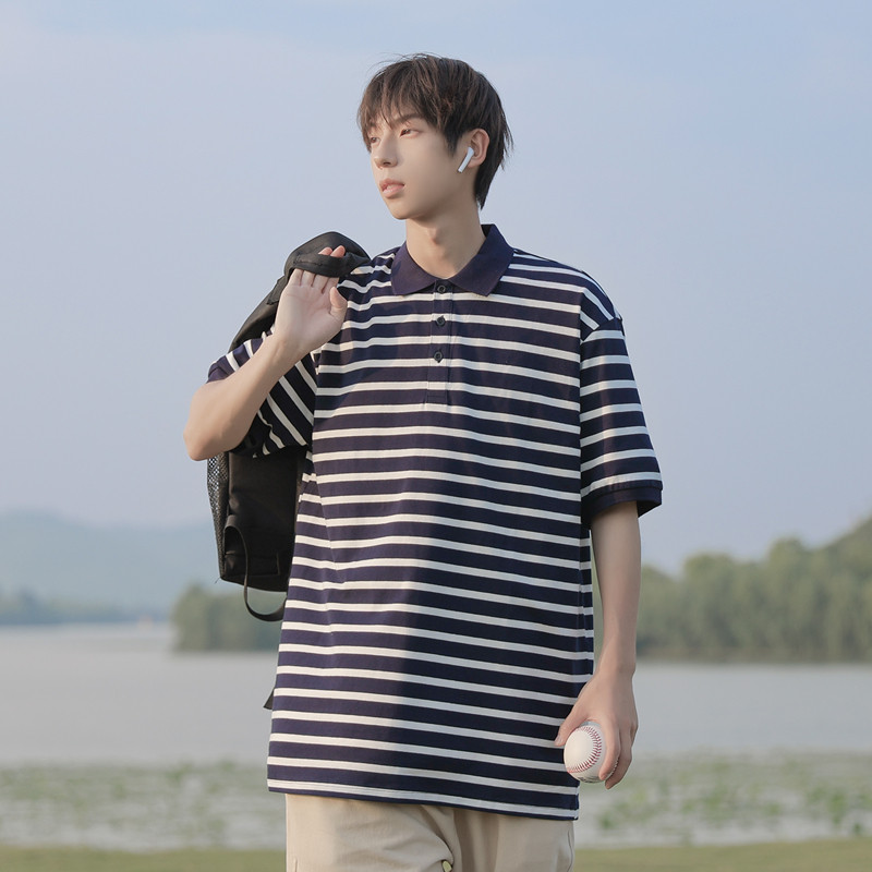 夏季日系条纹polo衫短袖T恤501-2-T1004-P50控68,男装T恤,星座501-2