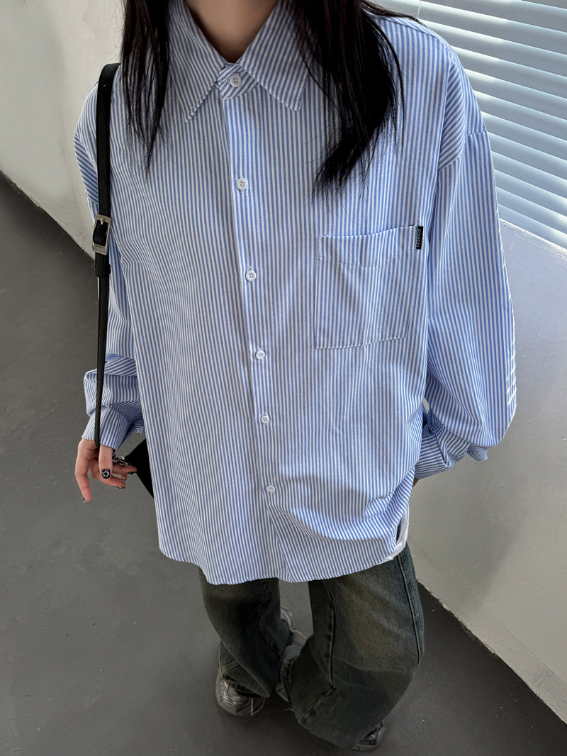 秋上新CityBoy日系廓形条纹宽松长袖衬衫501-2-CS005-P50,男装衬衫,星座501-2