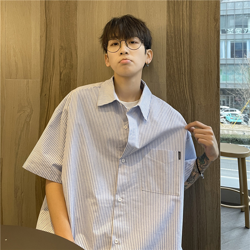CityBoy日系廓形蓝色条纹宽松全棉短袖衬衫501-2-CS008-P4859,男装T恤,星座501-2
