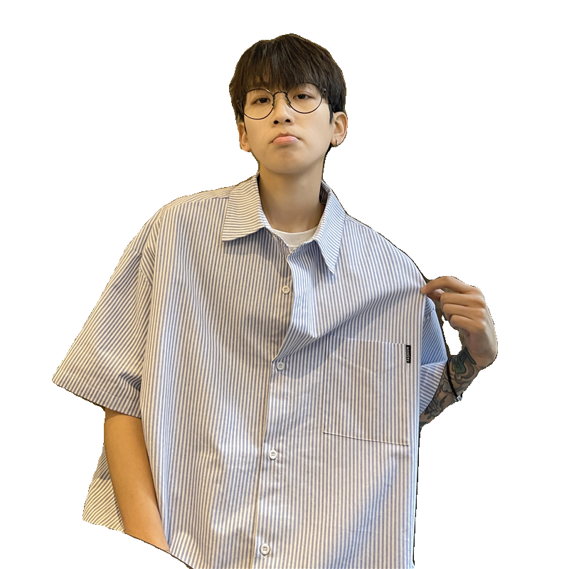 CityBoy日系廓形蓝色条纹宽松全棉短袖衬衫501-2-CS008-P4859,男装衬衫,星座501-2