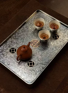 手工老锡大茶盘茶空间纯锡储水茶船茶道配件压手干泡台文人泡茶器