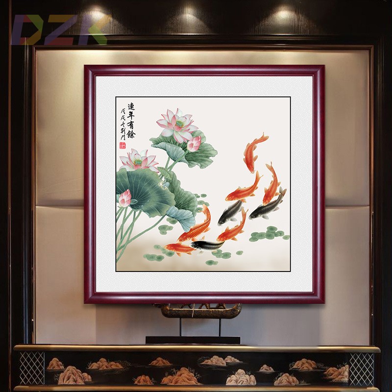 新中式荷花九鱼图玄关装饰画入户走廊餐厅卧室挂画客厅背景墙国c5