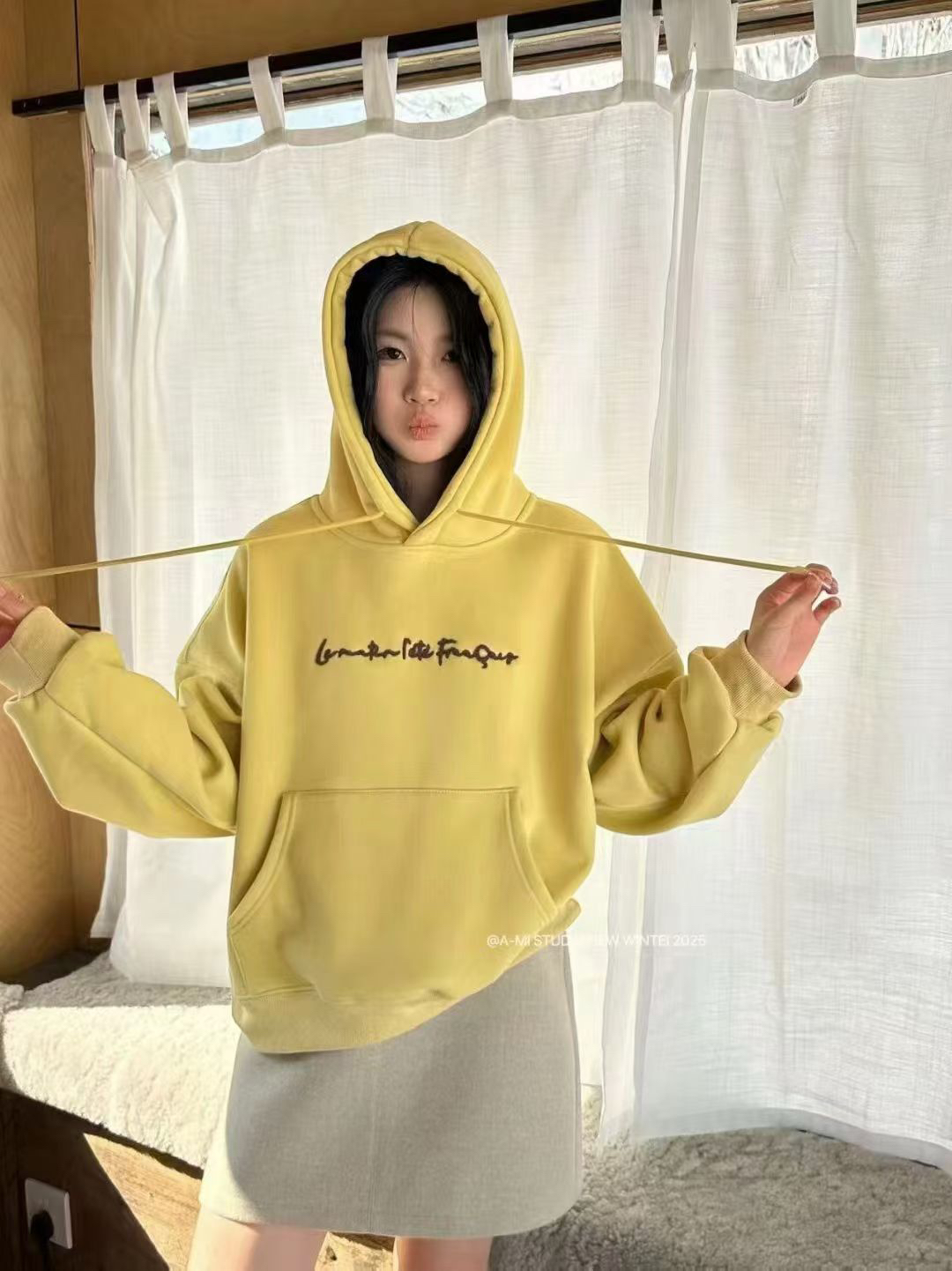 A-MI 冬季新款加絨連帽衛衣女韓系chic百搭套頭上衣oversize鬆弛