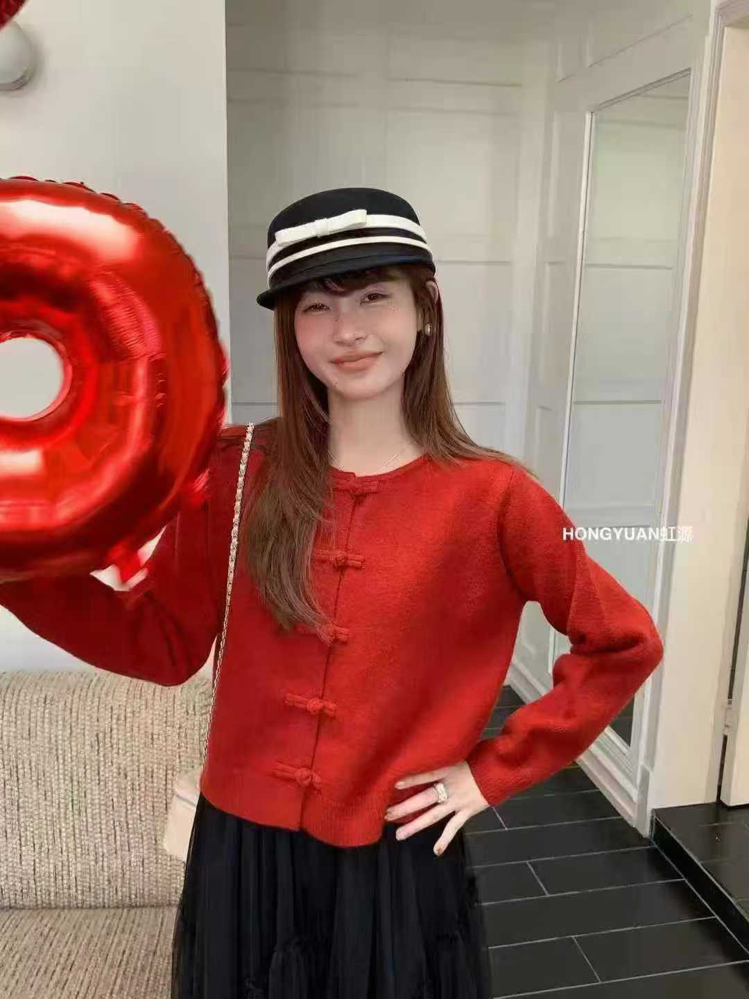 HONGYUAN 虹源  針織開衫女冬款新中式國風本命年紅色毛衣外套潮,女装/女士精品,毛衣,淘宝优惠券,粉丝福利购,淘宝优惠卷