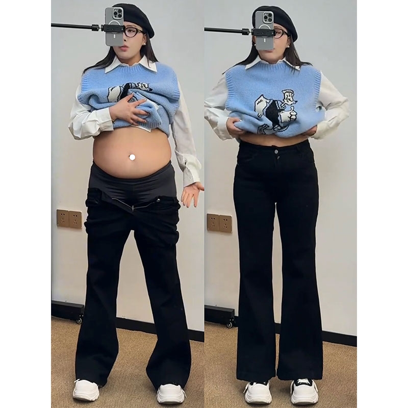 梨型身材黑色微喇牛仔裤女