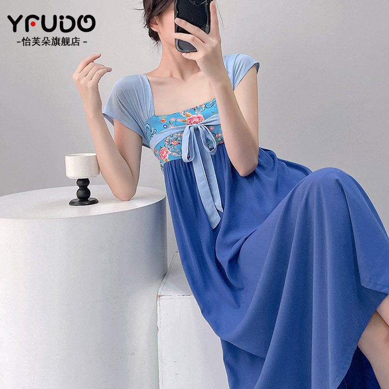 棉绸睡裙女夏季短袖新中式国风方领人造棉家居服可外穿绵绸连衣裙