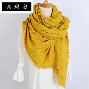 奈玛奥2018新款休闲围巾女韩版春季百搭手工钉珠毛边纯色丝巾冬季
