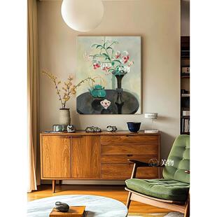 新中式绿色叶子花卉手绘油画餐厅挂画大尺寸潮流迎门墙玄关装饰画