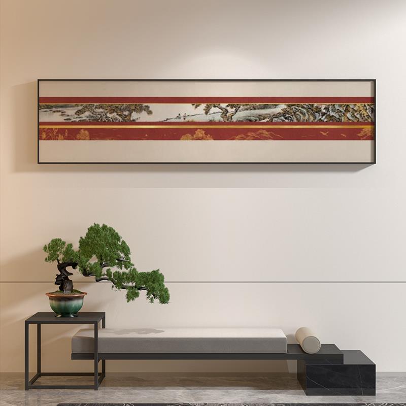 新中式横版装饰画客厅茶室卧室床头橙色红色国画山水背景墙壁挂画