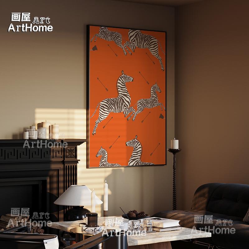 现代复古餐厅墙面装饰艺术感饭厅挂画原木风爱马仕橙中古客厅壁画