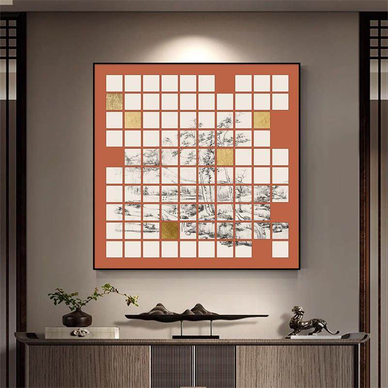 山栖松境新中式客厅沙发背景墙正方形玄关装饰画棋牌室茶室晶瓷画,家居饰品,现代装饰画,淘宝优惠券,粉丝福利购,淘宝优惠卷