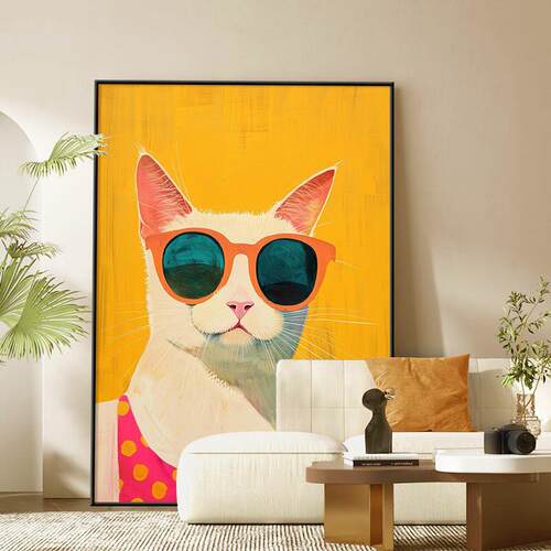 创意白色小猫手绘油画小众艺术客厅挂画抽象动物丙烯玄关装饰壁画