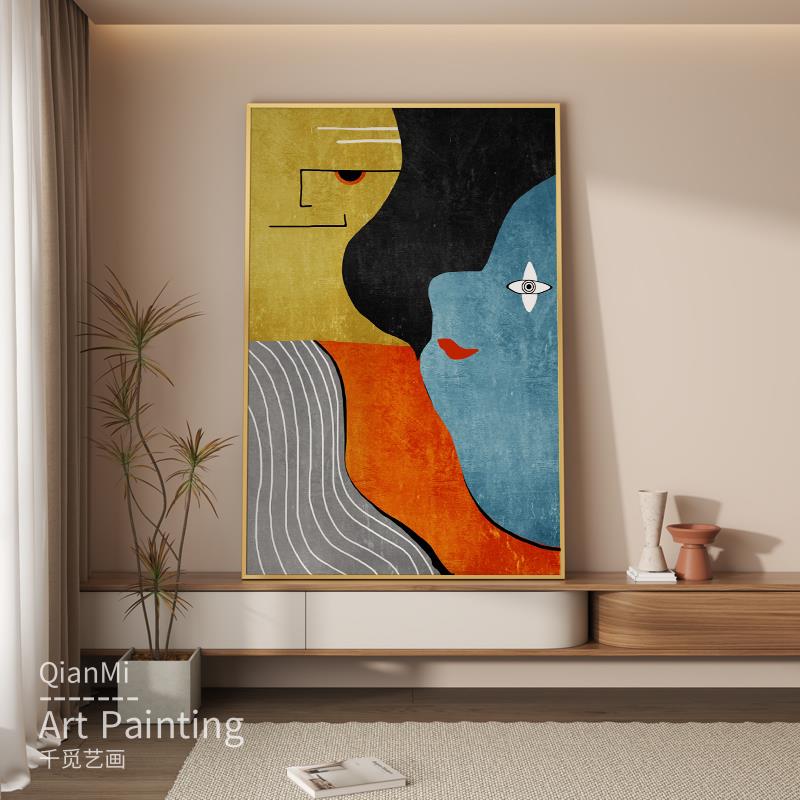 复古抽象人物样板房竖版挂画个性色块玄关壁画北欧简约客厅装饰画图片