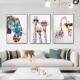 手绘动物三联画长颈鹿与大象组合 客厅背景墙简约现代风格