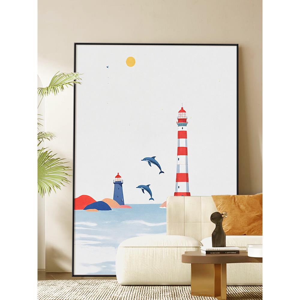玄关抽象海岸灯塔风景装饰画客厅卡通动物壁画小众艺术儿童房挂画图片