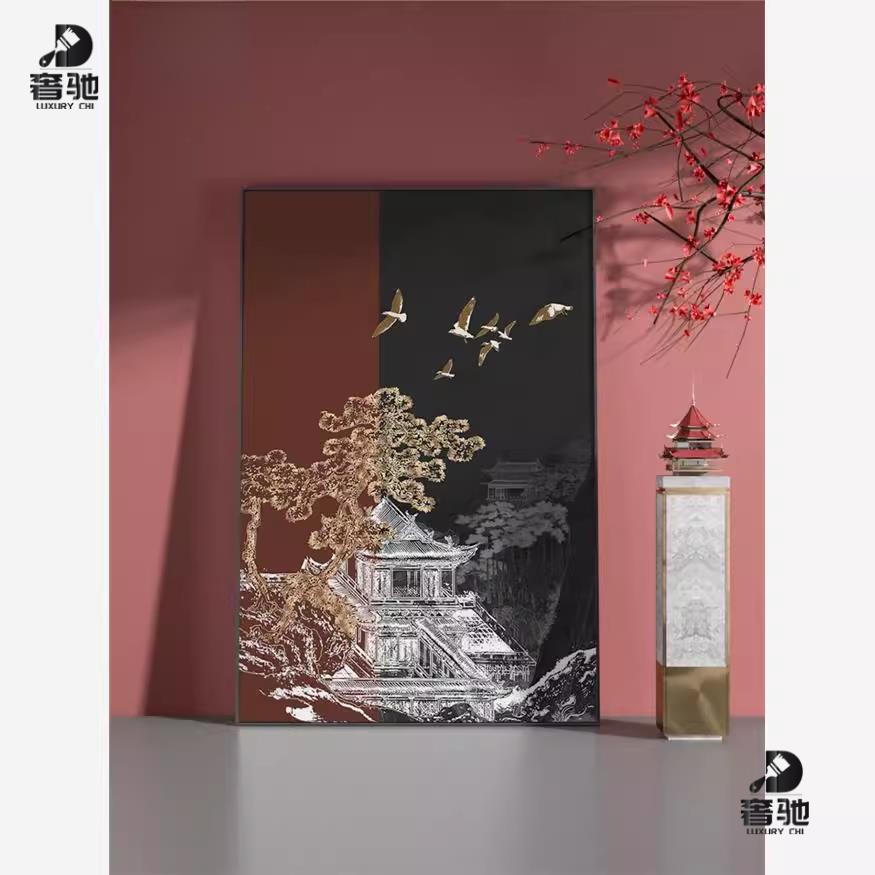 新中式拼色建筑中国风楼阁客厅装饰画玄关壁画高级感艺术竖版挂画图片