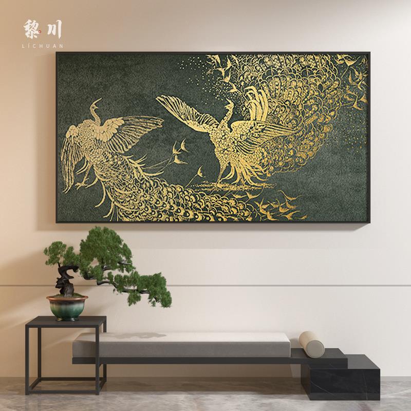 新中式装饰画客厅卧室书房茶室壁画绿色金色孔雀设计师横版挂画图片