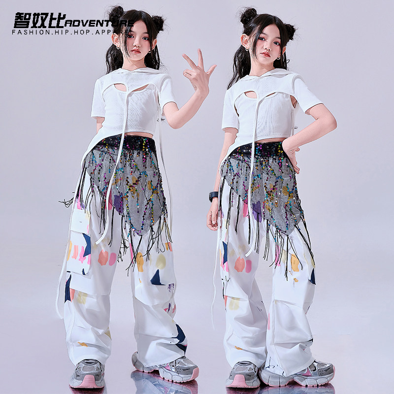 女童爵士舞服装潮酷时髦露脐白色短袖儿童舞蹈潮服少儿六一演出服