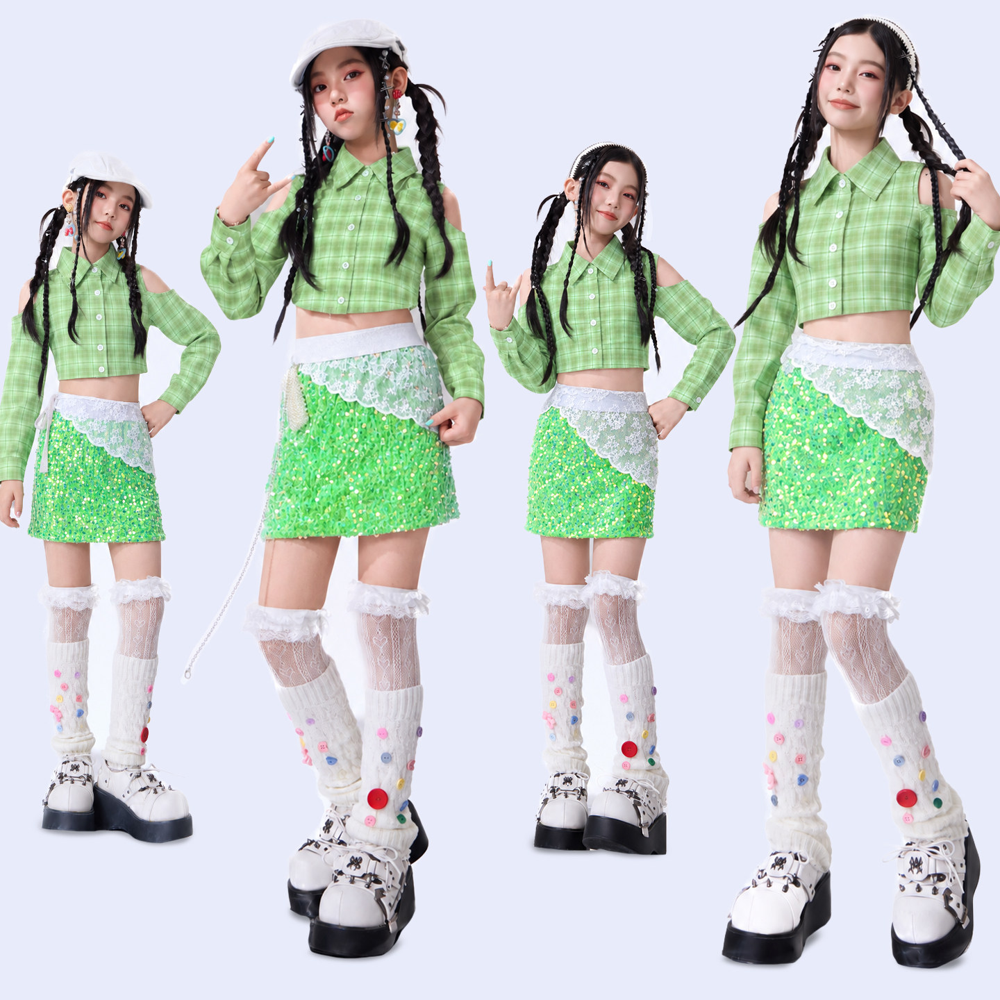 女童爵士舞服装潮酷时髦嘻哈绿色