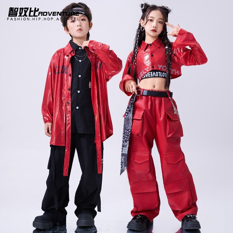 街舞儿童潮服男童酷帅红色喜庆六一儿童演出服走秀爵士舞服装女童