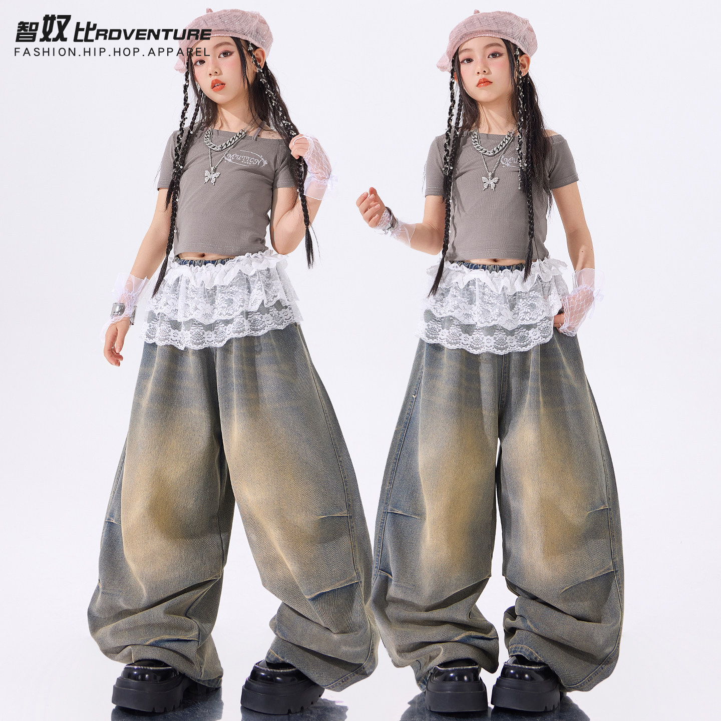 女童爵士舞服装少儿jazz穿搭灰色短袖练功服套装儿童街舞演出服女