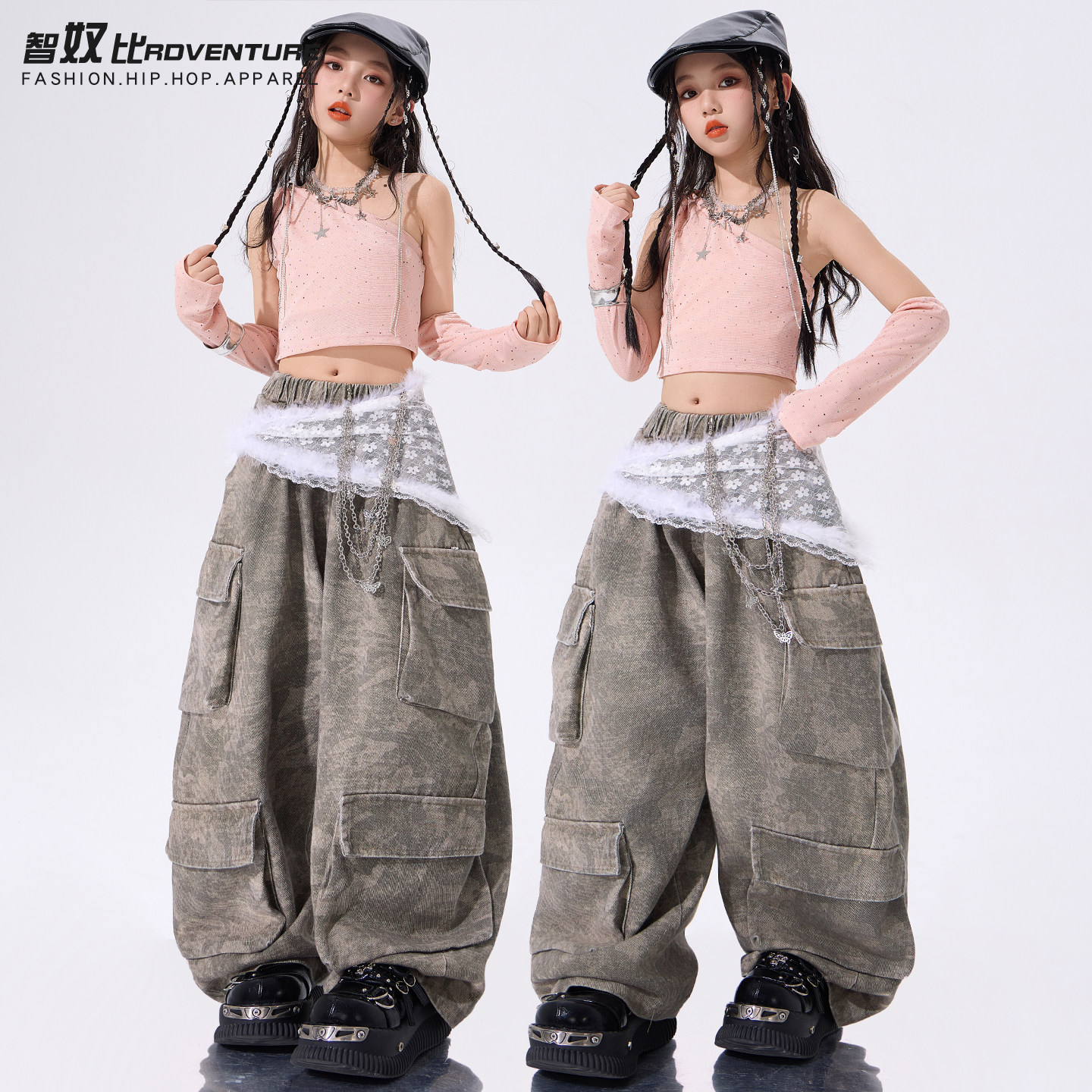 爵士舞女童服装少儿练功服粉色斜肩短袖jazz穿搭儿童街舞演出服潮