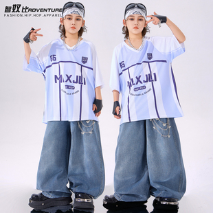男童嘻哈潮服hiphop演出服白色字母短袖套装儿童街舞酷帅女童潮牌