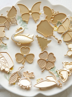 宋锦蓝染刺绣新中式底托包布螺钿点翠蝴蝶天鹅三叶草新款胸针