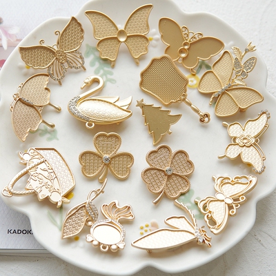 宋锦蓝染刺绣新中式底托包布螺钿点翠蝴蝶天鹅三叶草新款胸针