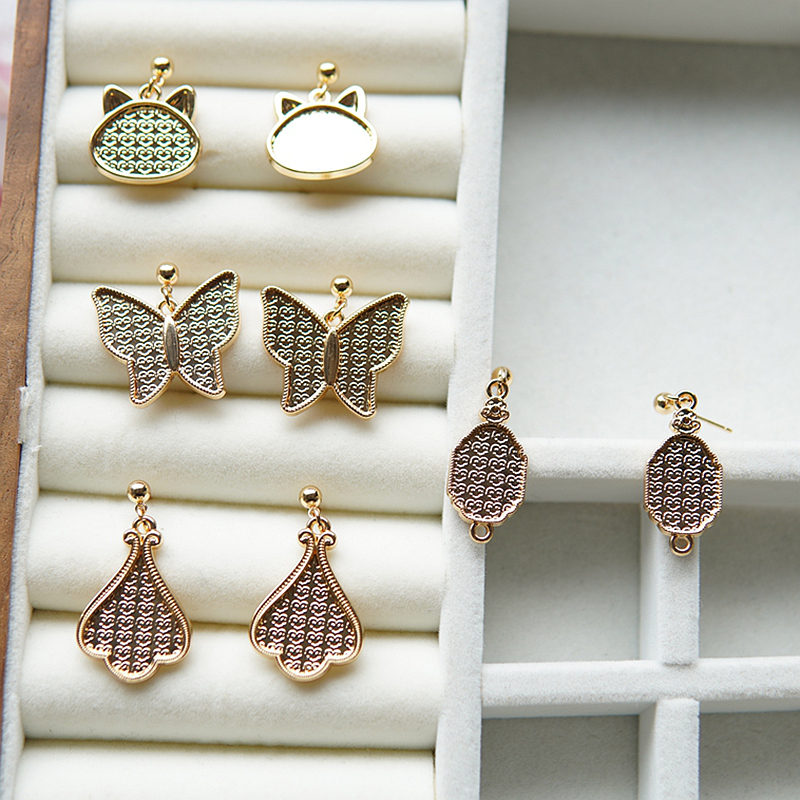 宋锦蓝染刺绣新中式底托包布螺钿点翠底胚4款耳环耳坠耳钉18K金