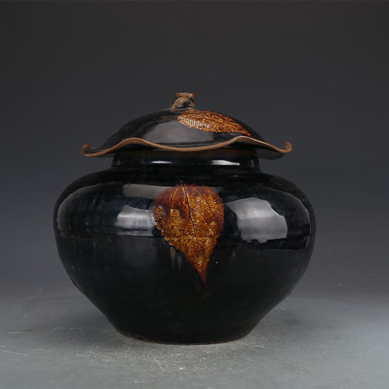 宋磁州窑系介休窑玳瑁釉荷叶盖罐古董古玩宋代老瓷器旧货收藏品