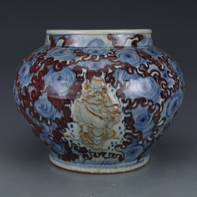 元青花釉里红浮雕海怪大罐 仿古瓷器 古董古玩 旧货老货 收藏