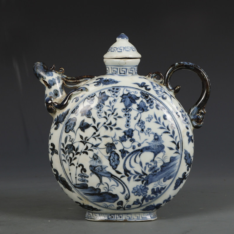 元青花瓷器缠枝花鸟纹执壶扁壶古董古玩青花瓷老物件旧货老货收藏