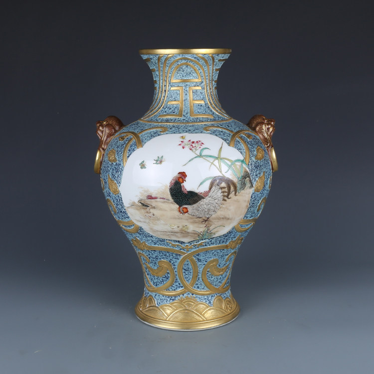 大清乾隆描金珐琅彩锦鸡兽耳尊 古董古玩窖藏老货