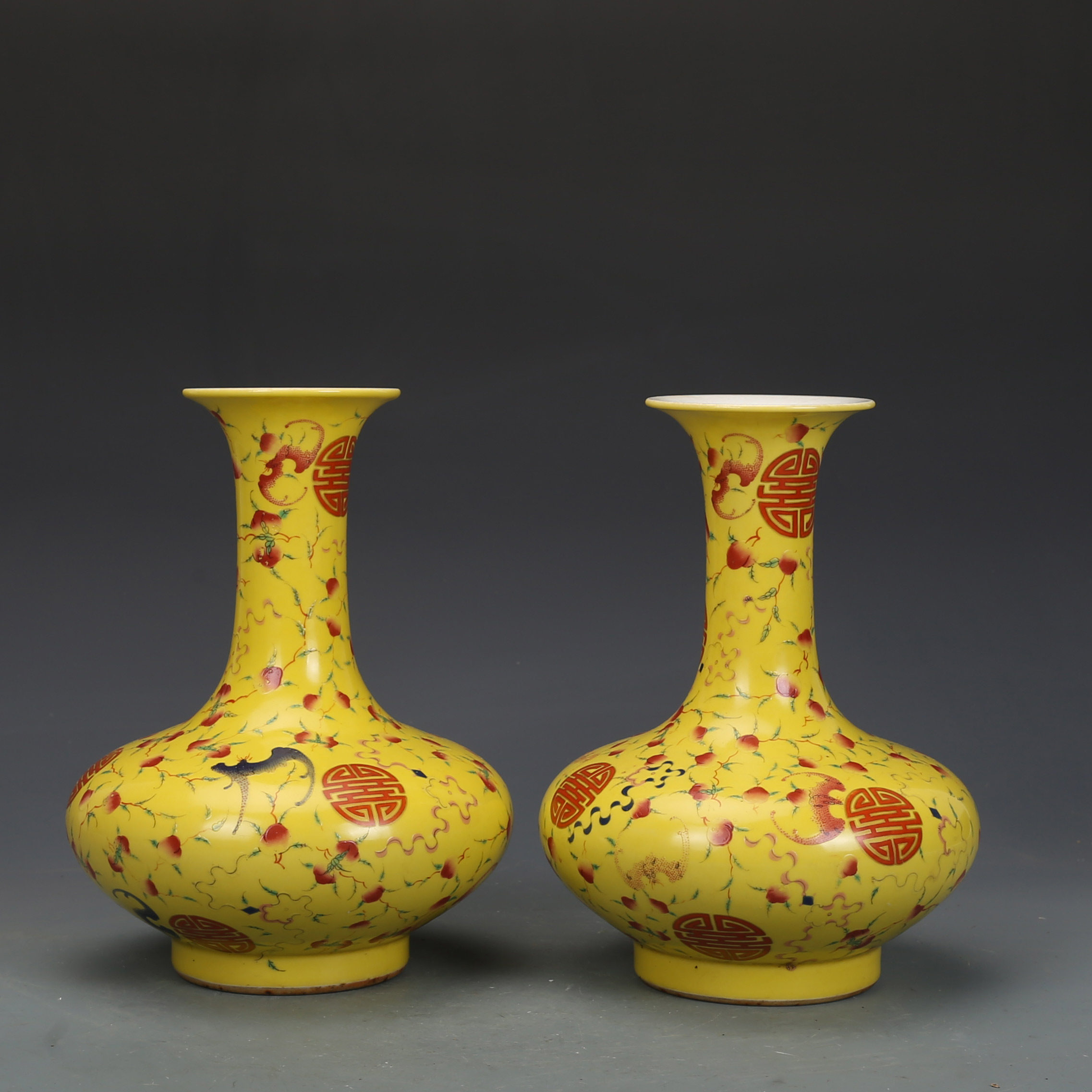 清光绪瓷器粉彩桃蝠纹肚瓶一对古董古玩明清老瓷器旧货老货收藏