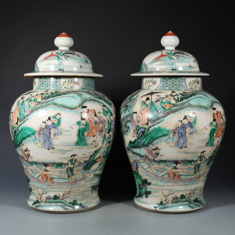 大清康熙五彩故事人物将军罐一对古董古玩收藏品包老保真瓷器摆件