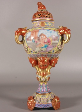 大清乾隆珐琅彩黄地开窗西洋人物香薰古董古玩收藏品包老老货瓷器