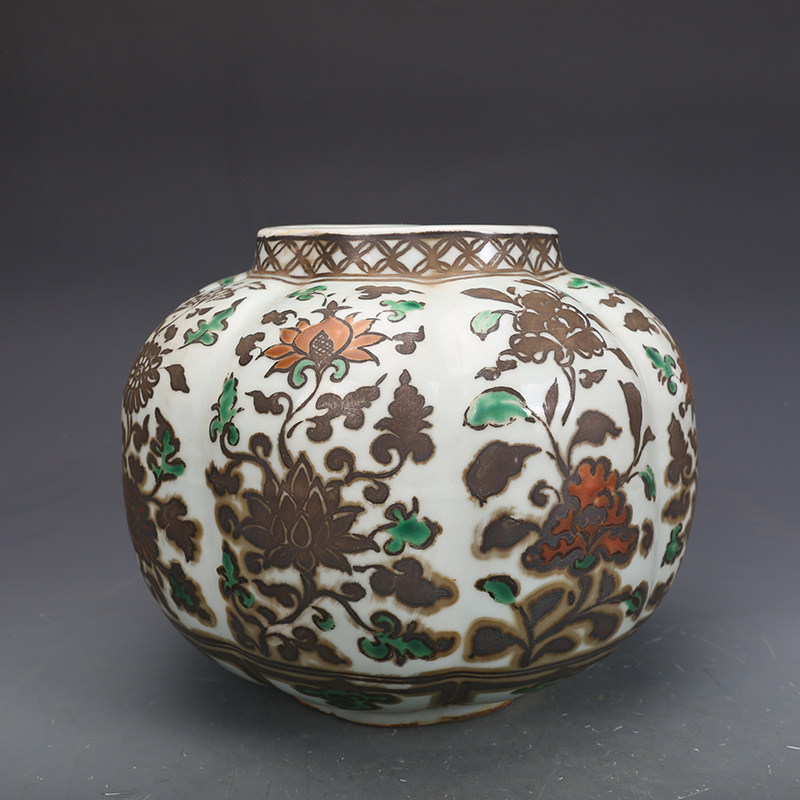 元红绿彩瓷器釉里红缠枝莲小罐古董古玩旧货老货收藏摆件