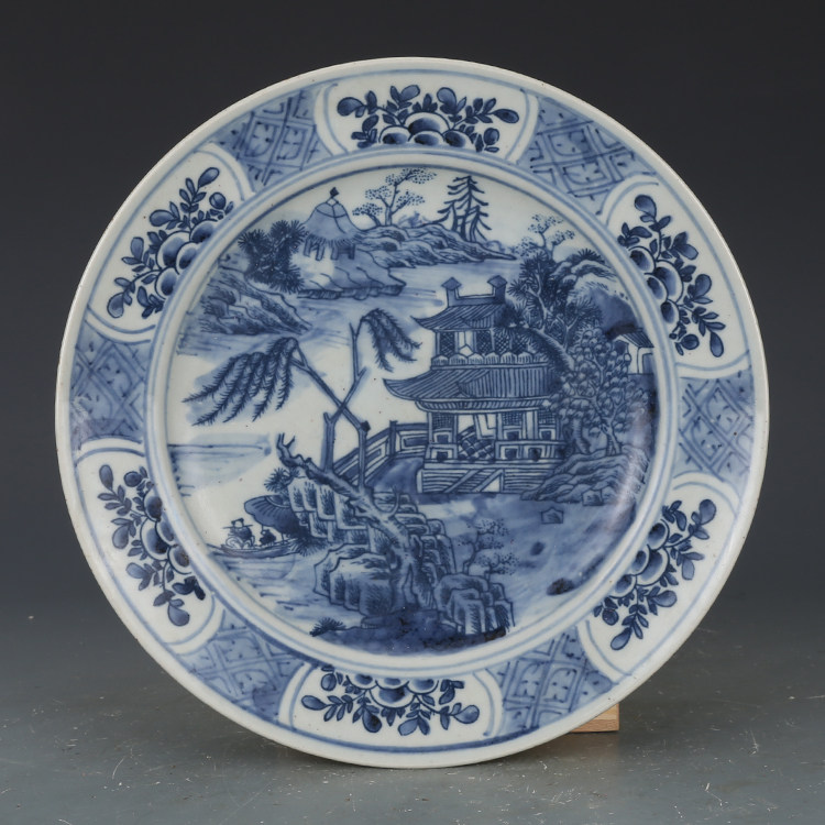 大清青花山水人家纹盘 仿古瓷器古董古董古玩收藏品老物件