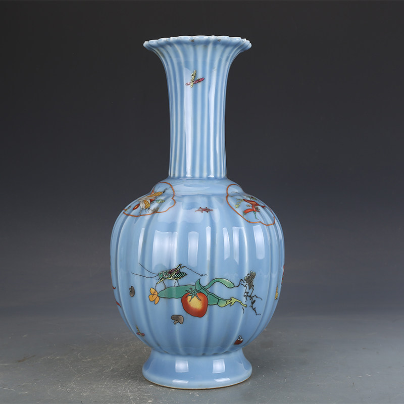 花瓶清乾隆瓷器天蓝釉瓜果纹花口瓶古董古玩明清老瓷器旧货收藏品